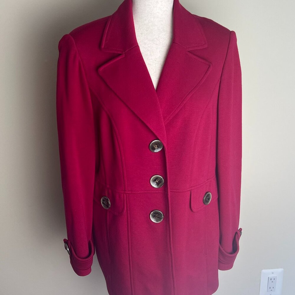 Alfani Red Stretch Riding Coat – Size 14 – Button Front, Belted Back, Fully Line